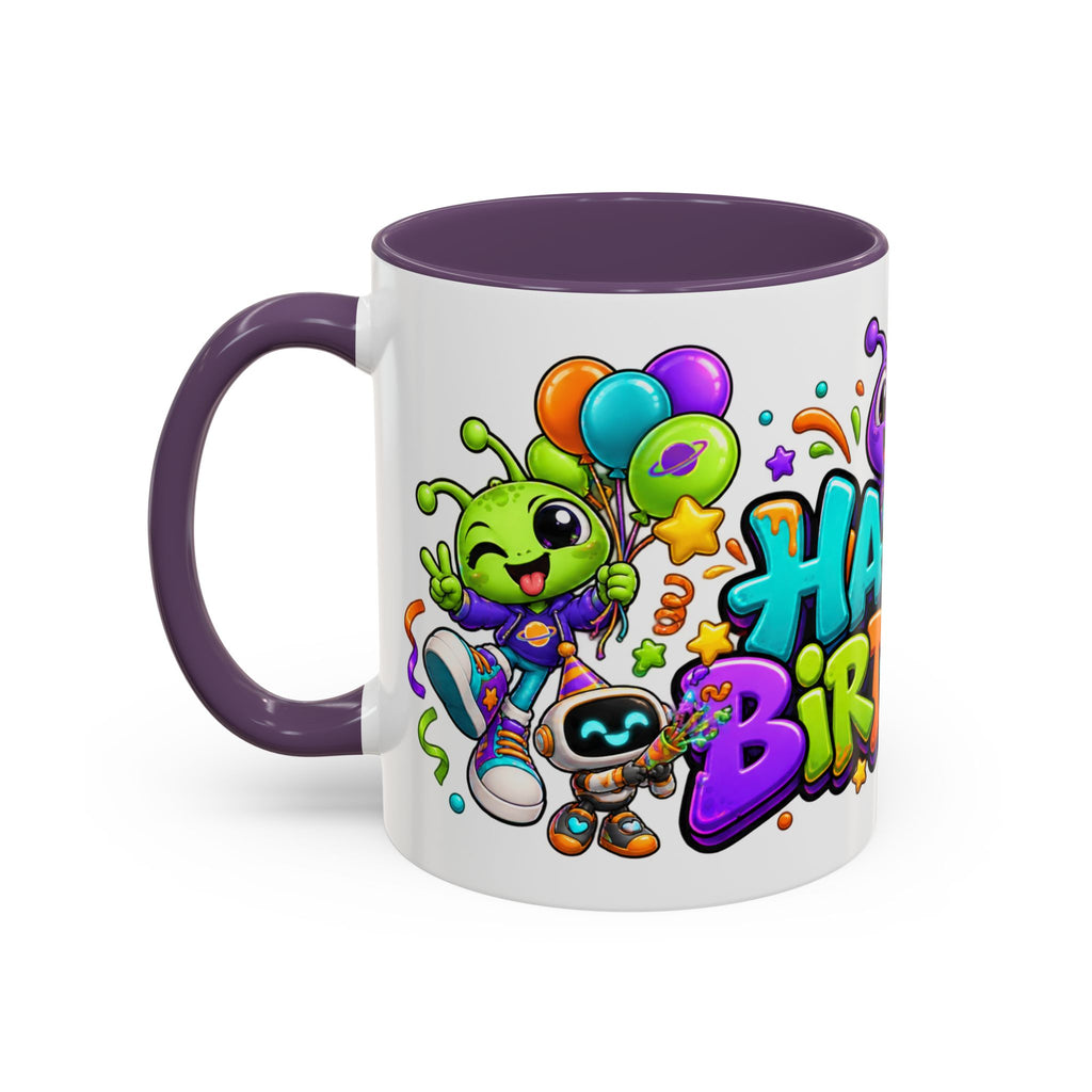 Happy Birthday Alien Mug – Colorful Space Party Cup with Cute Aliens & Robots
