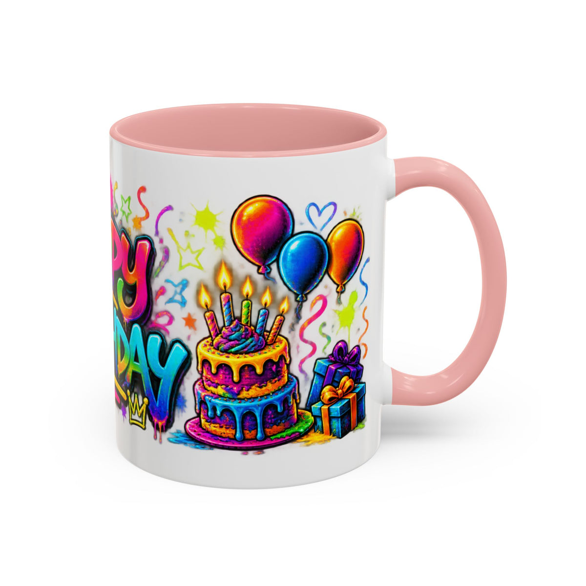 Happy Birthday Accent Coffee Mug – Colorful Graffiti Cake & Balloons (11/15oz)