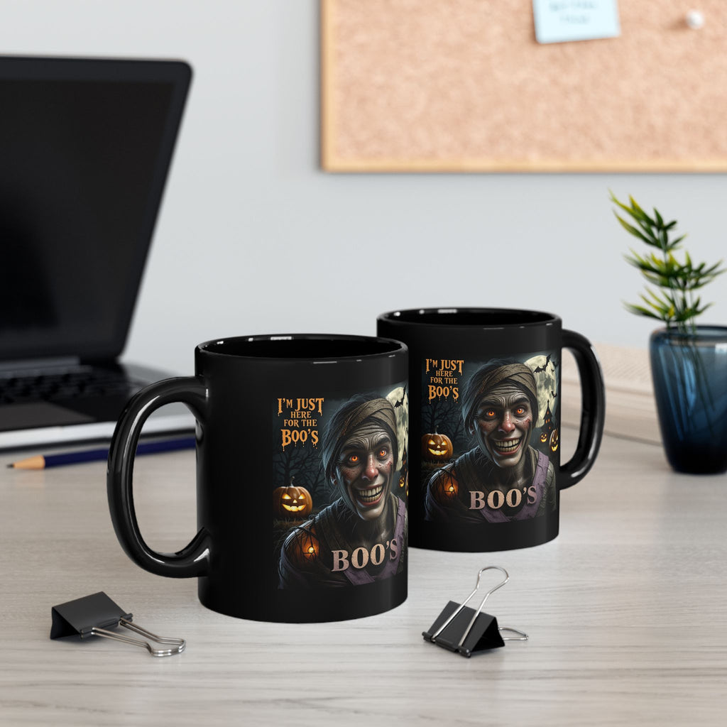 Halloween "I'm Just Here for the Boo's" Black Coffee Mug — Spooky Pumpkin & Mummy Design (11oz/15oz)