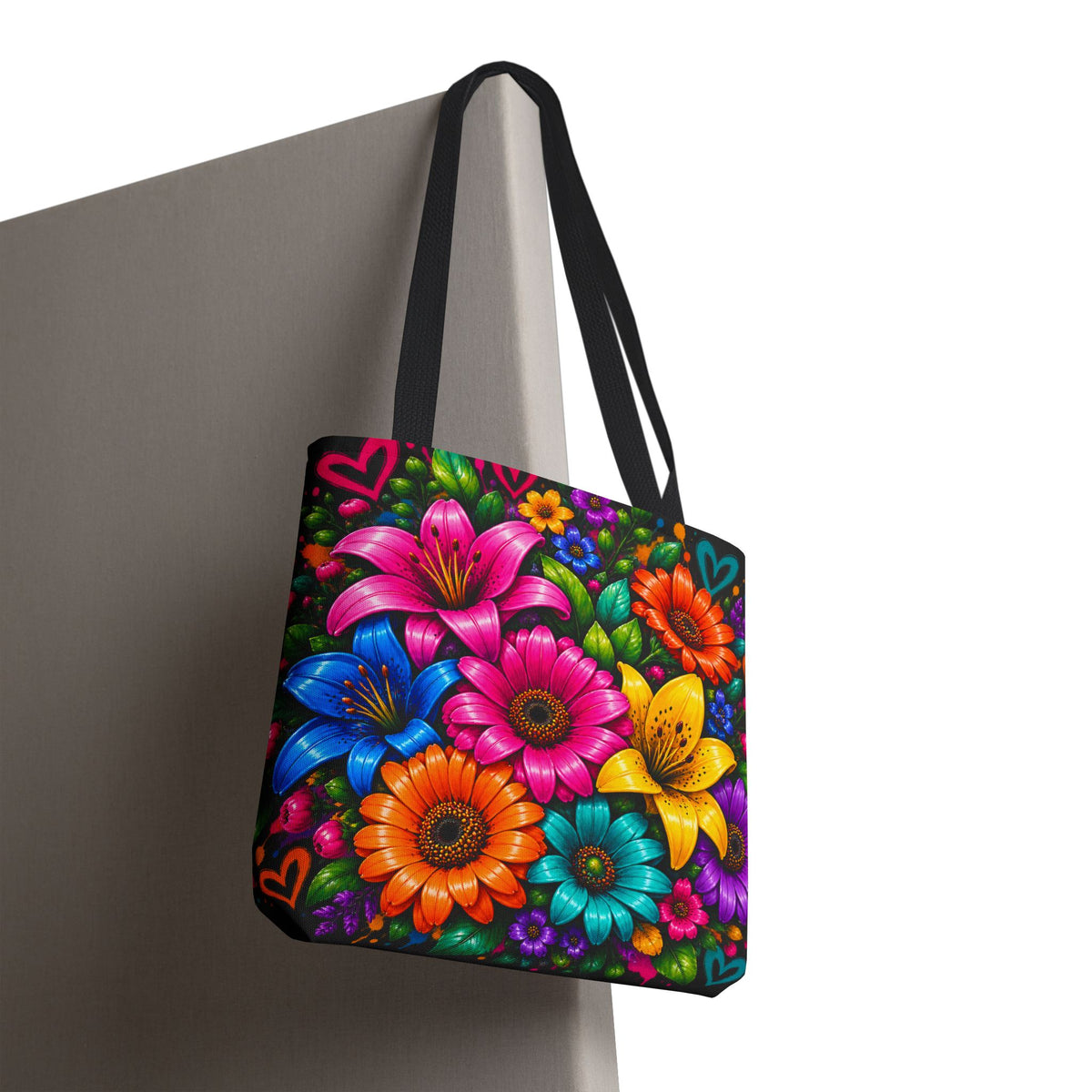 Festora Floral Burst Tote Bag — Colorful Flowers on Black