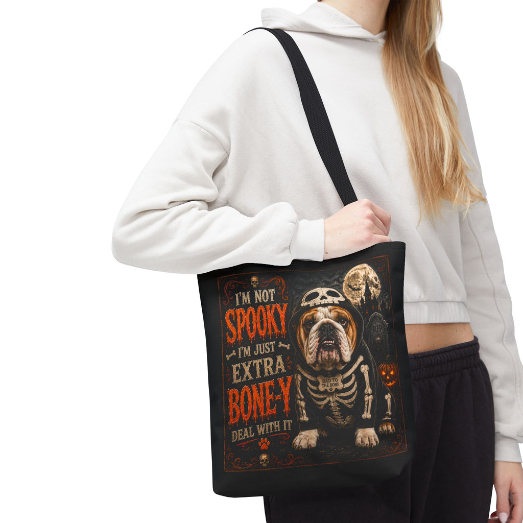 Halloween Bulldog Tote Bag – "I’m Not Spooky, I’m Just Extra Boney" All-Over Print