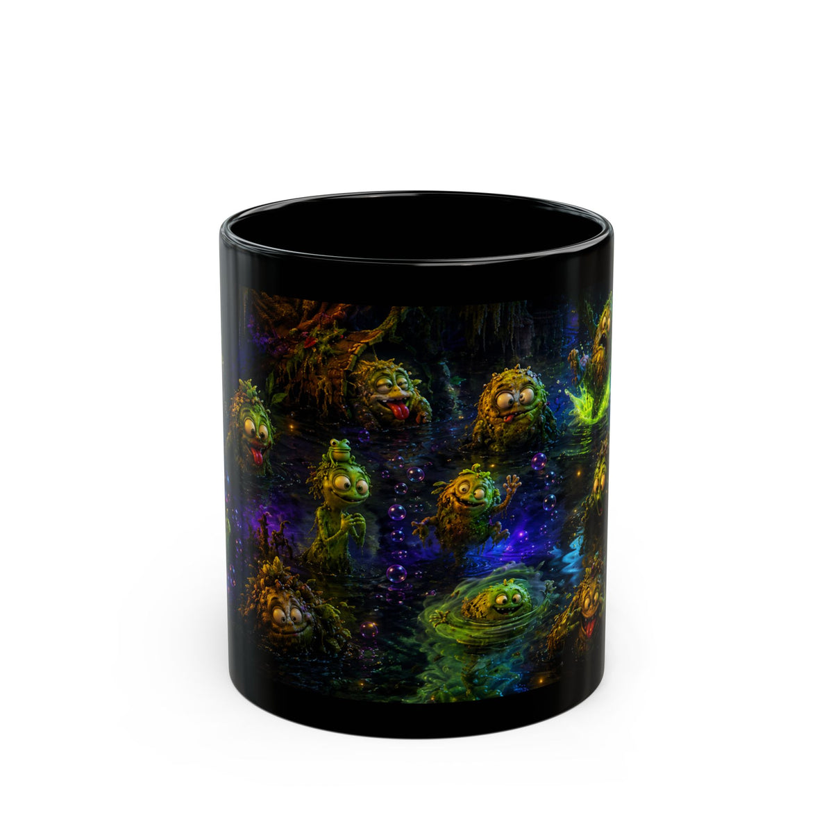 Fantasy Swamp Creatures Black Mug - Cute Mystic Bog Monsters