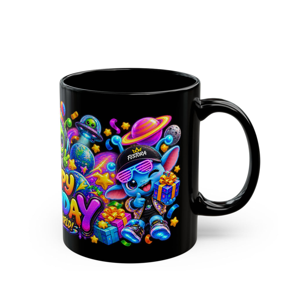 Happy Birthday Out Of This World Mug — Colorful Alien Birthday Coffee Cup