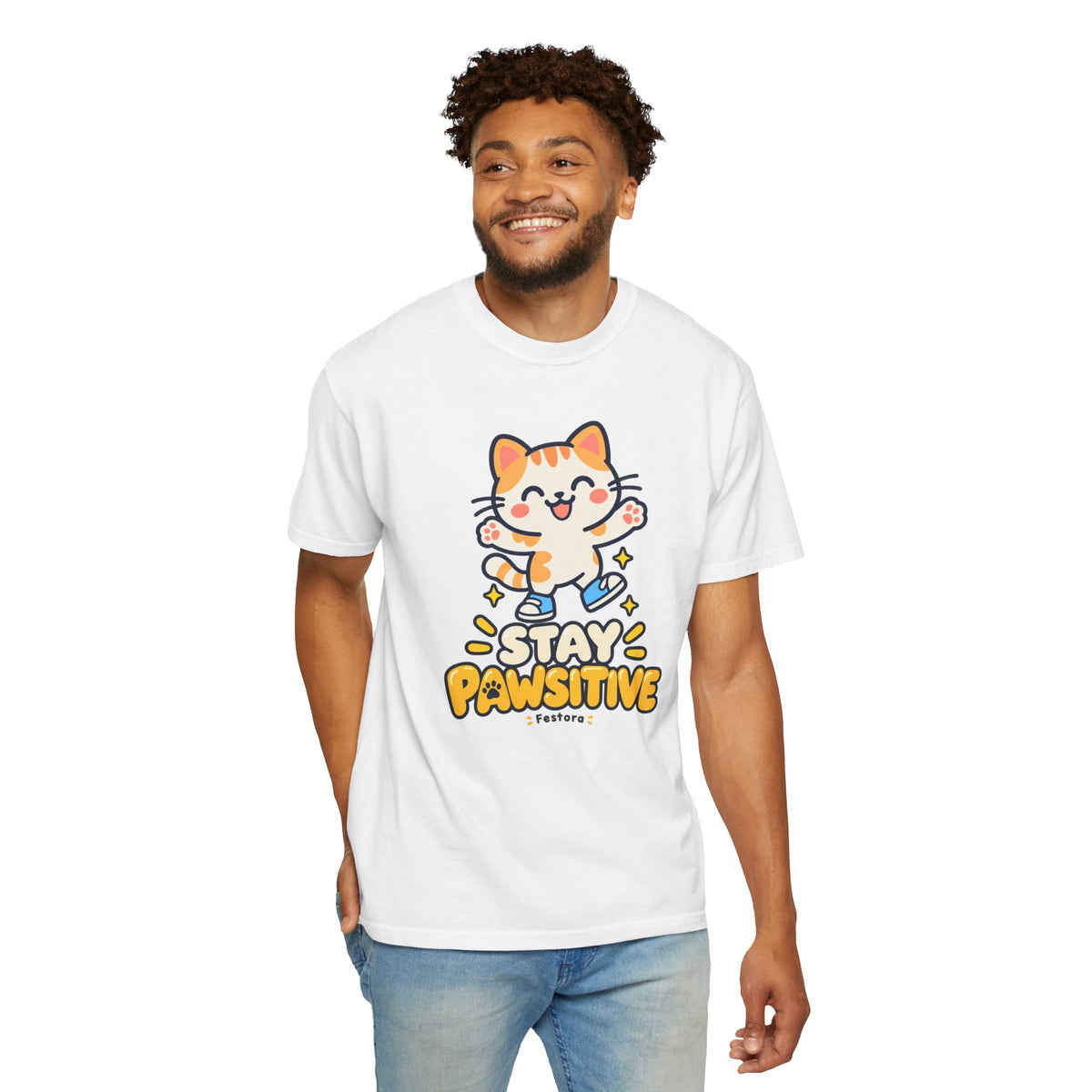 Stay Pawsitive – Cute Happy Cat Graphic T-Shirt