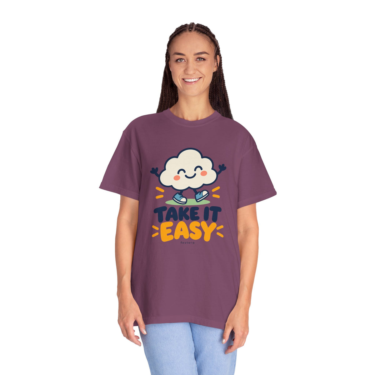 Take It Easy – Happy Cloud Graphic T-Shirt | Festora Everyday