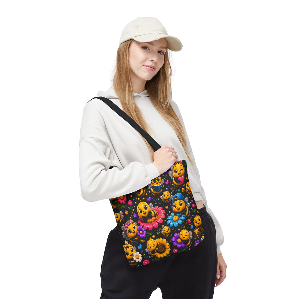 Cute Bee Pattern Tote Bag — Colorful Floral Cartoon Bees All-Over Print
