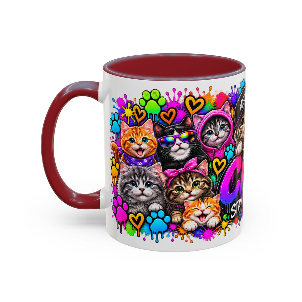Cats Stay Pawsitive Accent Coffee Mug – Colorful Cute Cat Paw Print Design (11oz)