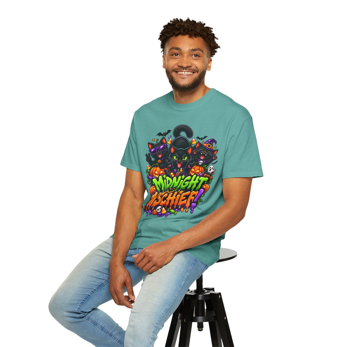 Midnight Mischief Halloween T-Shirt – Funny Black Cat Graphic Tee
