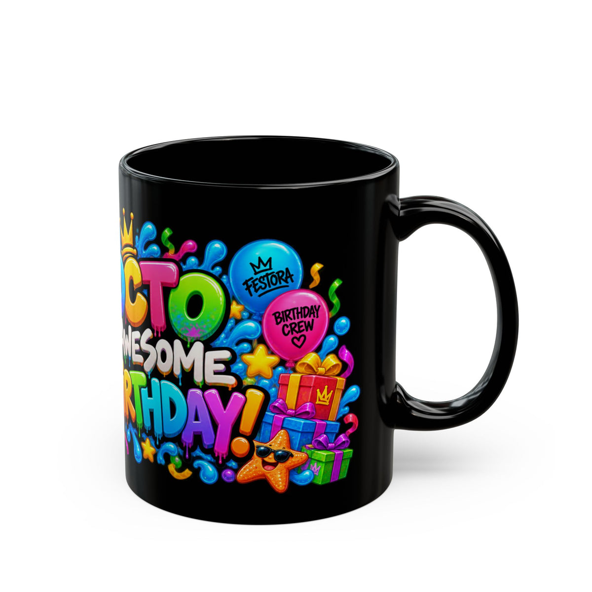 OCTO AWESOME BIRTHDAY! Black Ceramic Mug – Funny Octopus Birthday Coffee Cup – Colorful Party Gift – Original FestoraShop Design