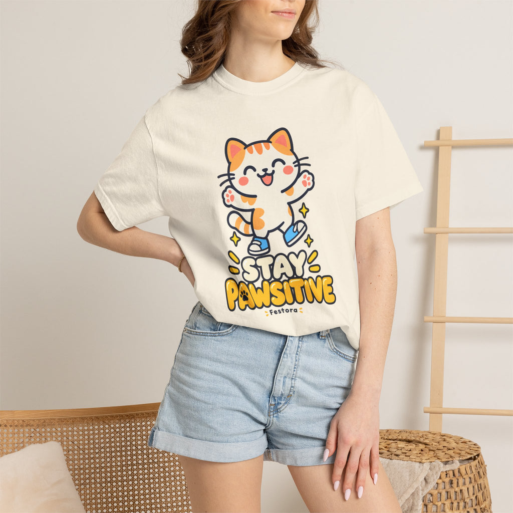 Stay Pawsitive – Cute Happy Cat Graphic T-Shirt