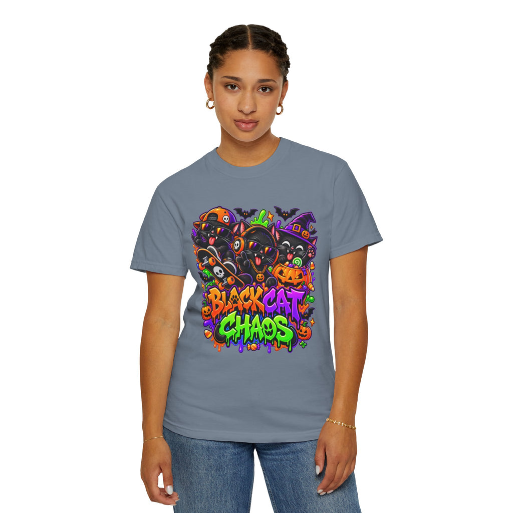 Neon Black Cat Halloween Chaos T-Shirt | Cute Spooky Cat Graphic Tee