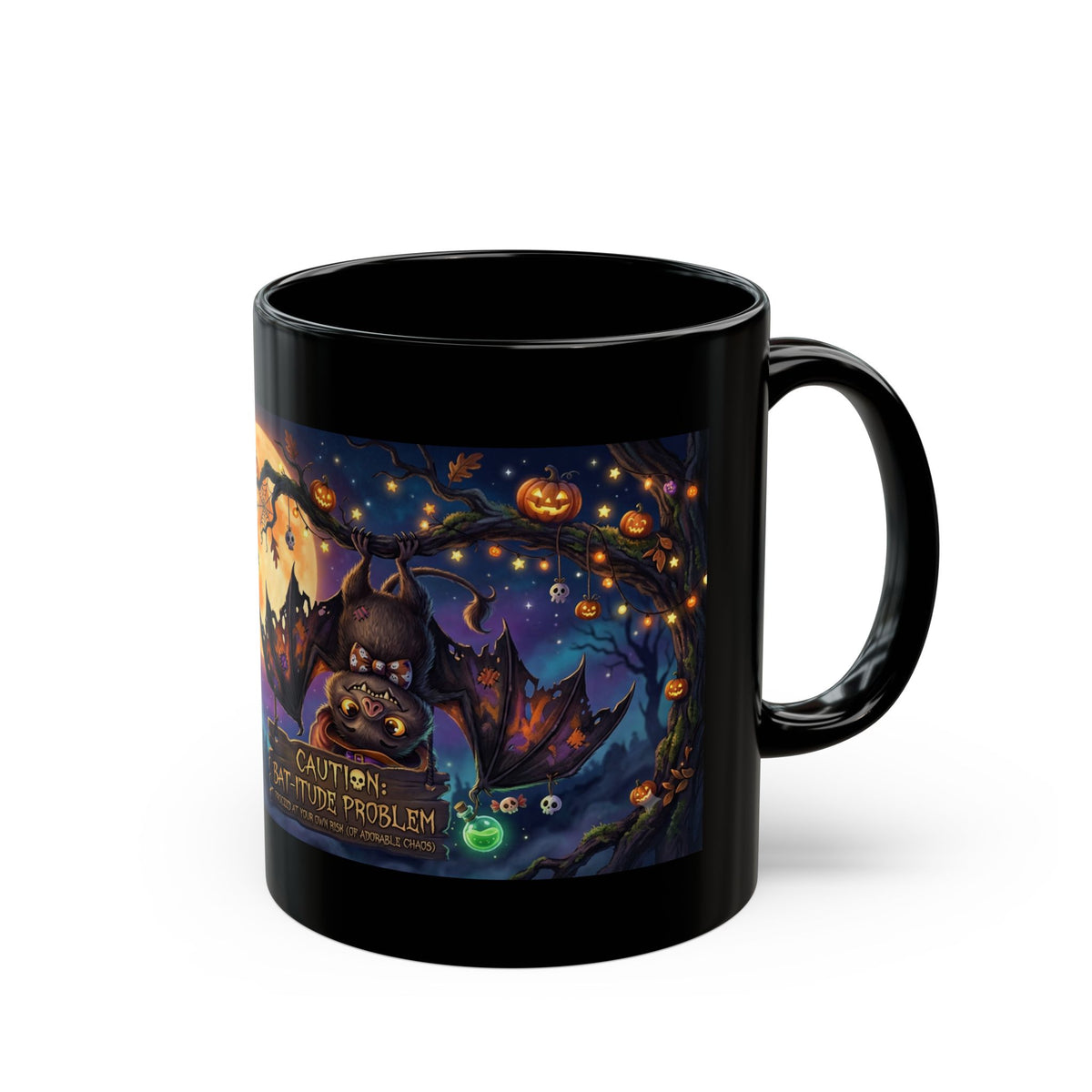 Halloween Bat Mug – "Caution: Bat-titude Problem" Black Coffee Cup (11oz, 15oz)
