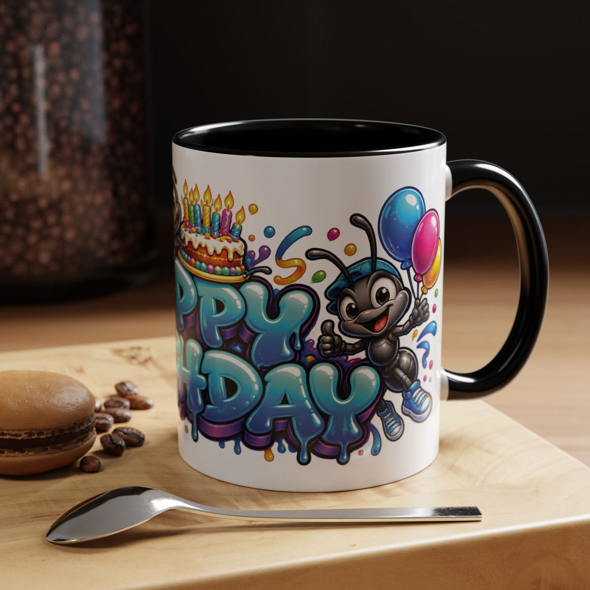 Happy Birthday Cartoon Mug – Graffiti Ants, Birthday Cake, Balloons & Confetti Coffee Cup