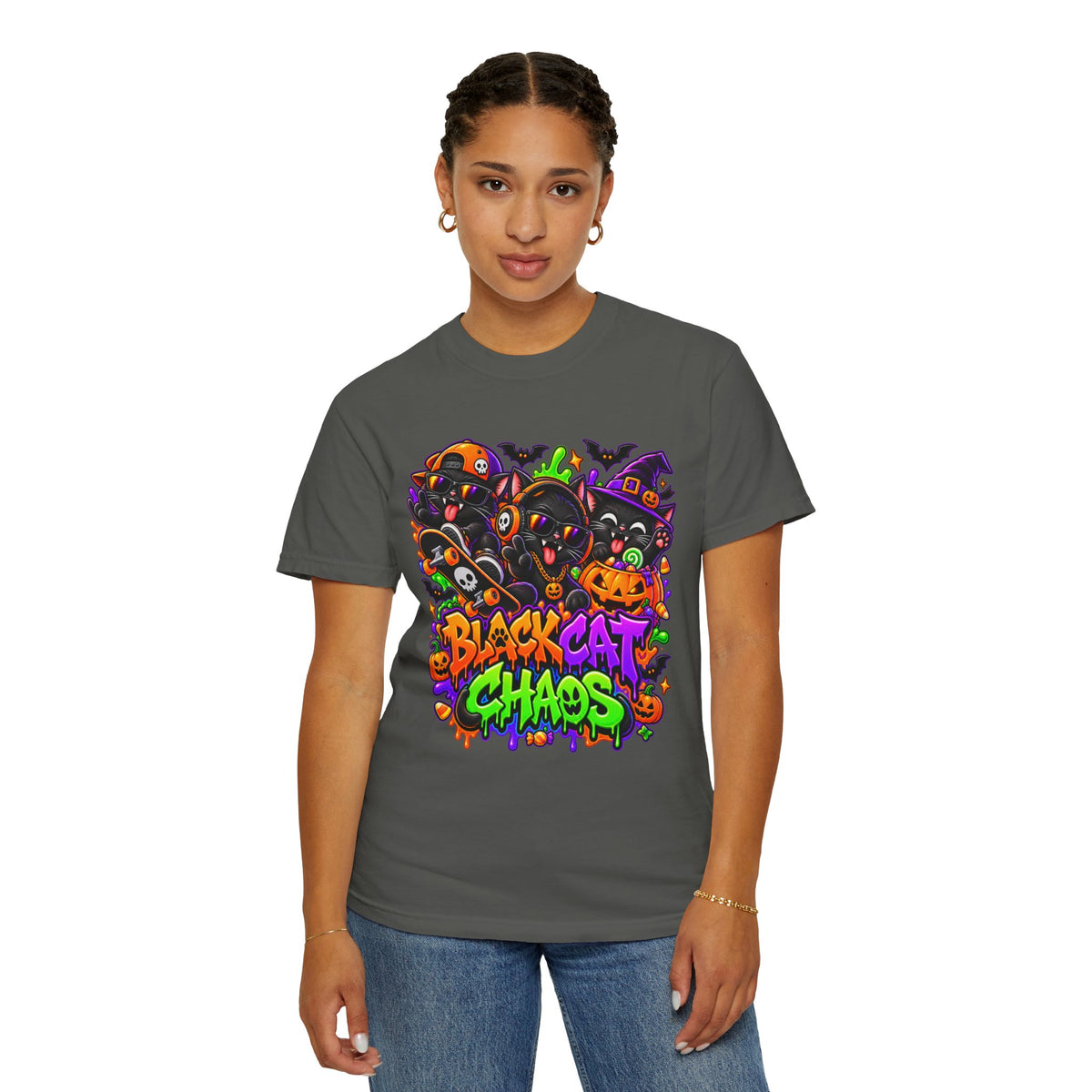 Neon Black Cat Halloween Chaos T-Shirt | Cute Spooky Cat Graphic Tee