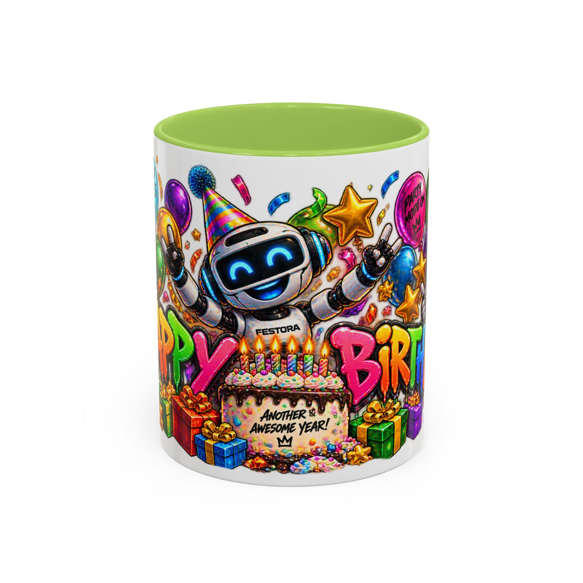 Birthday Robot Coffee Mug — Colorful Happy Birthday Accent Mug (11oz)