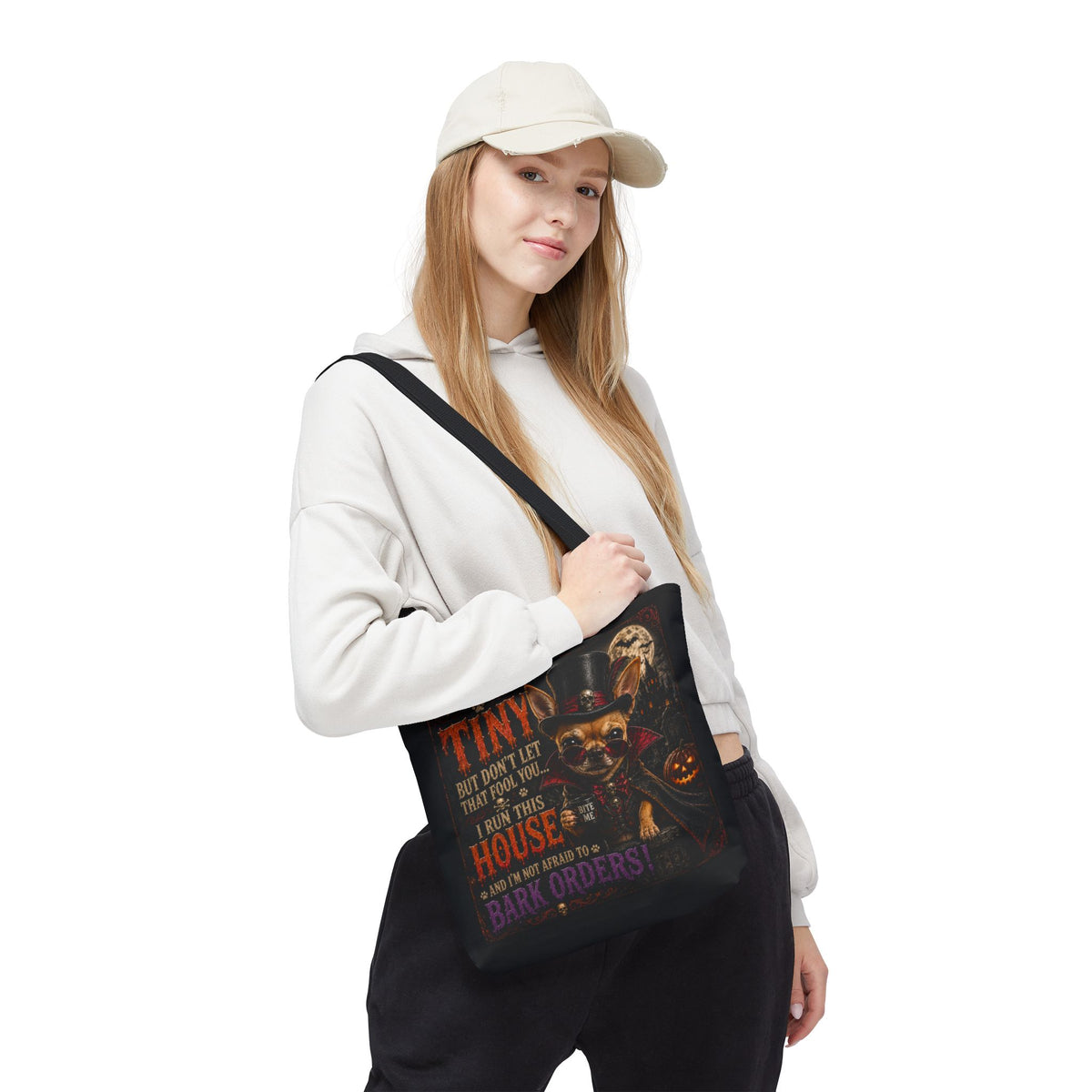 Halloween Chihuahua Tote Bag - "I May Be Tiny... I Run This House" Trick-or-Treat Shopper