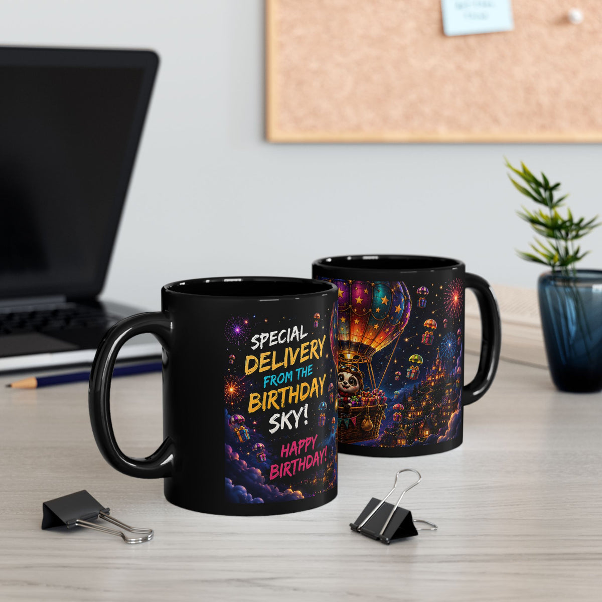 Birthday Hot Air Balloon Sloth Black Coffee Mug (11oz, 15oz)