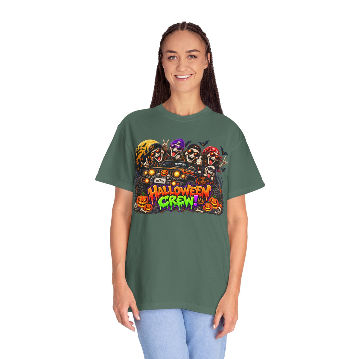 Halloween Crew T-Shirt – Skeleton Jeep Spooky Graphic Tee