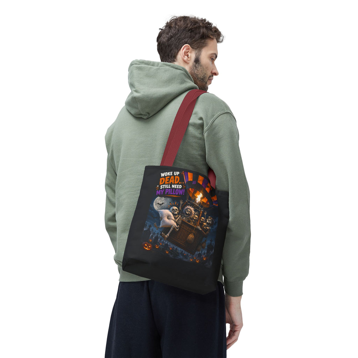 Halloween Ghost Tote — "Woke Up Dead... Still Need My Pillow" All-Over Print Tote