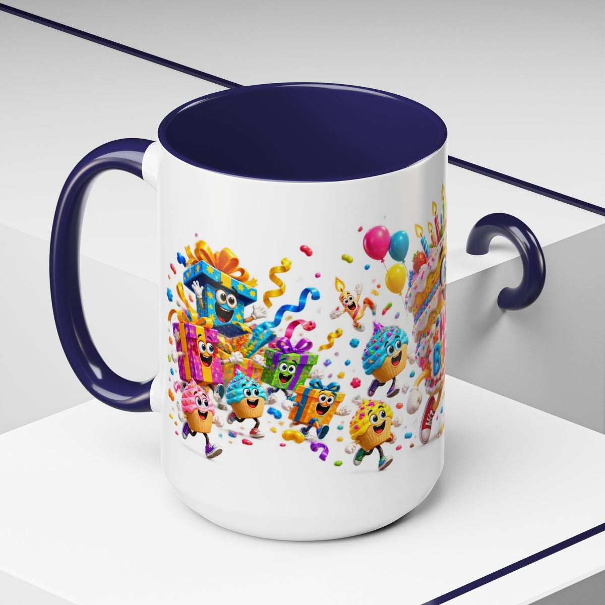 Birthday Party Coffee Mug – Colorful Happy Birthday Cake & Balloon Design (11/15oz Accent Mug)