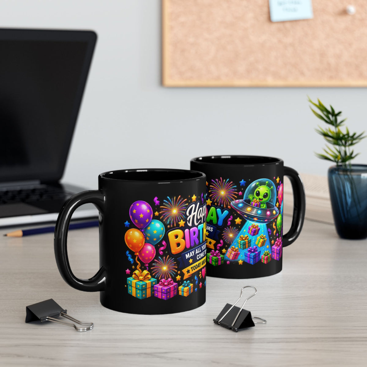 Happy Birthday Alien Mug — Colorful UFO Birthday Coffee Cup (11oz)