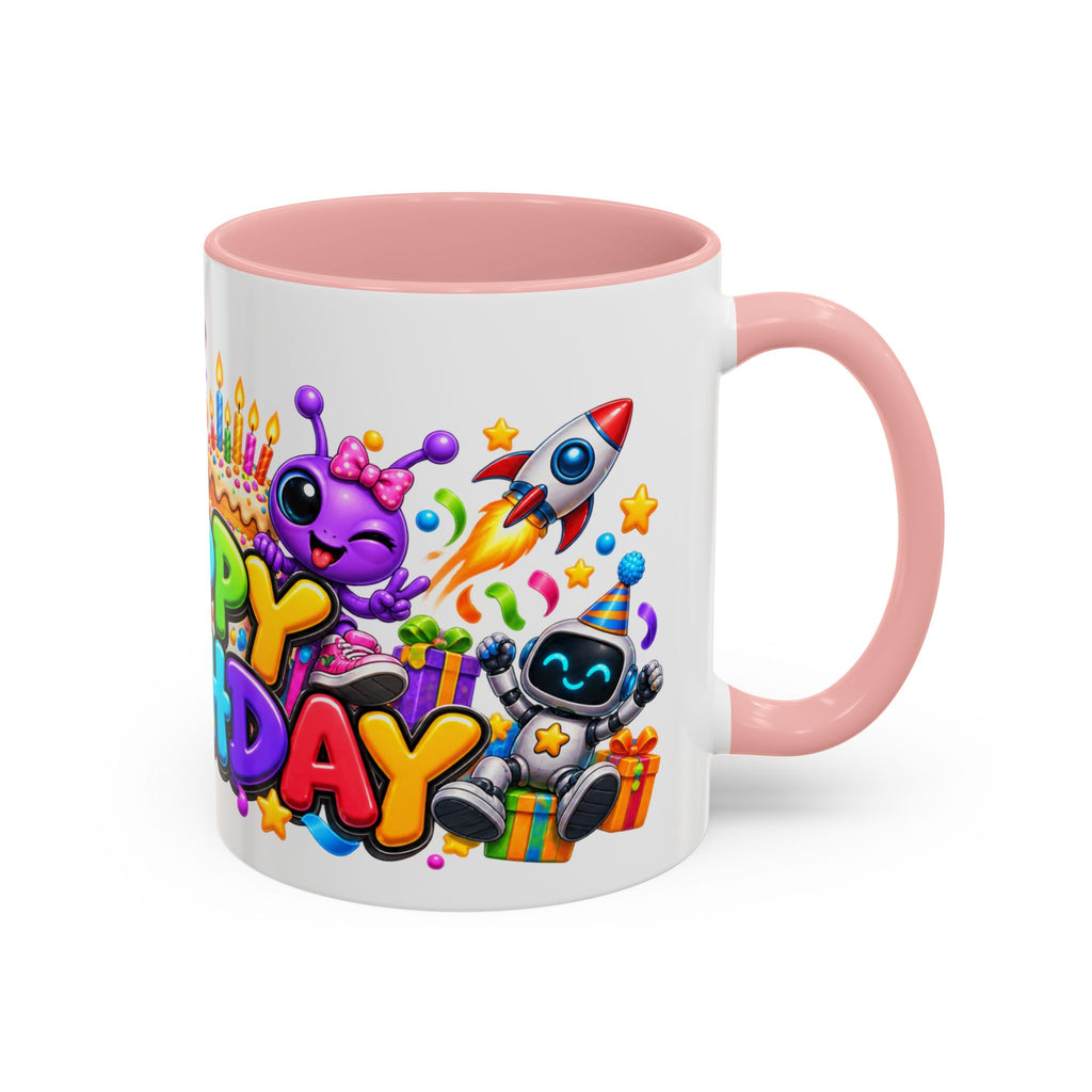 Happy Birthday Space Party Mug – Cute Aliens, Robots, UFO & Colorful 3D Birthday Design