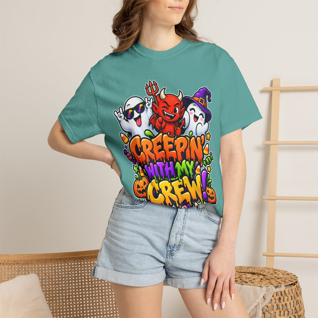 Creepin’ With My Crew Halloween T-Shirt – Colorful Funny Ghost & Devil Graphic Tee