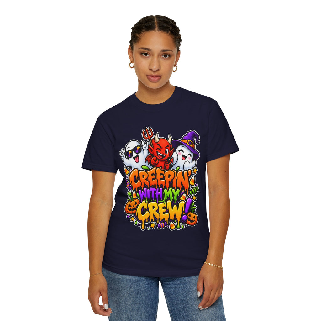 Creepin’ With My Crew Halloween T-Shirt – Colorful Funny Ghost & Devil Graphic Tee