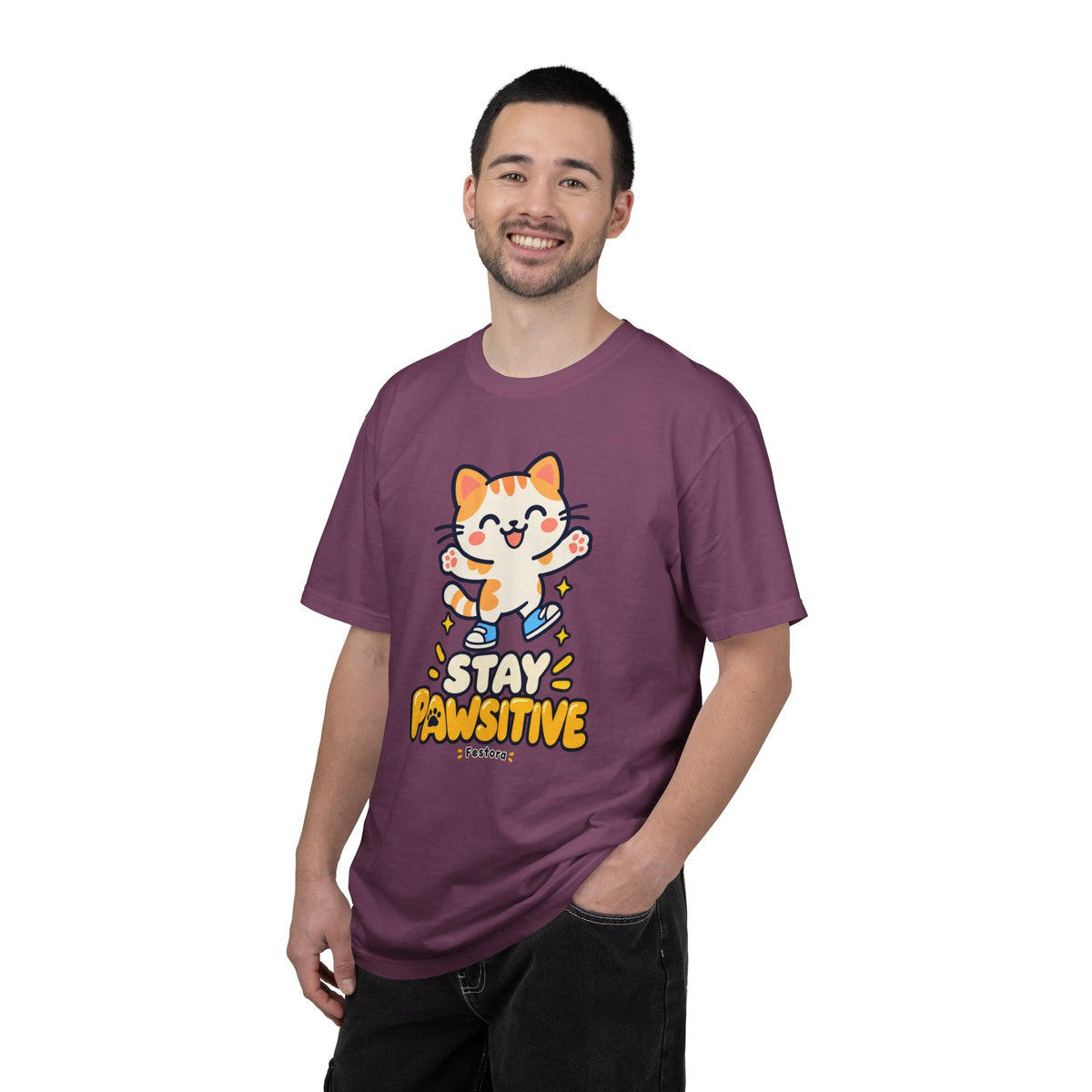 Stay Pawsitive – Cute Happy Cat Graphic T-Shirt