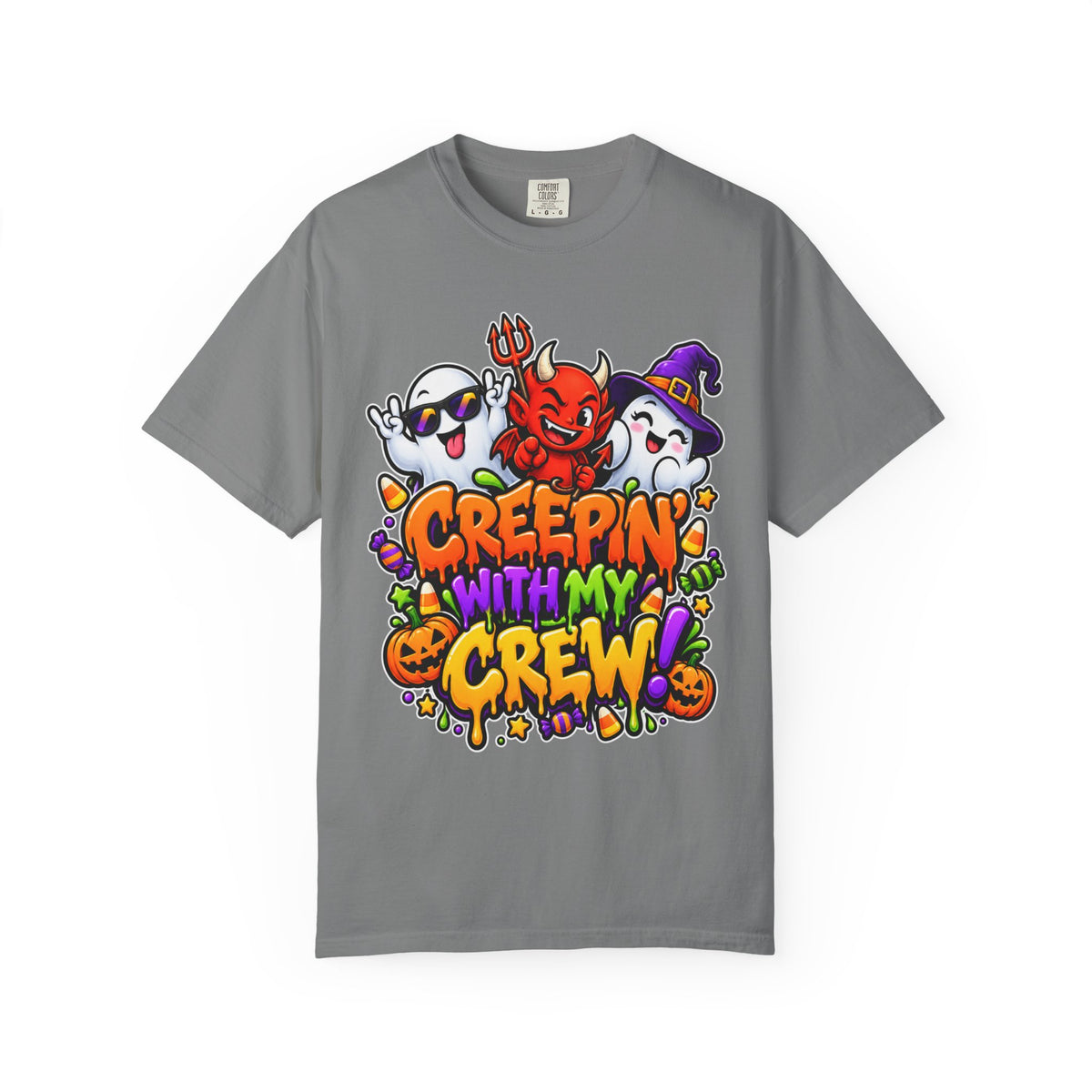 Creepin’ With My Crew Halloween T-Shirt – Colorful Funny Ghost & Devil Graphic Tee