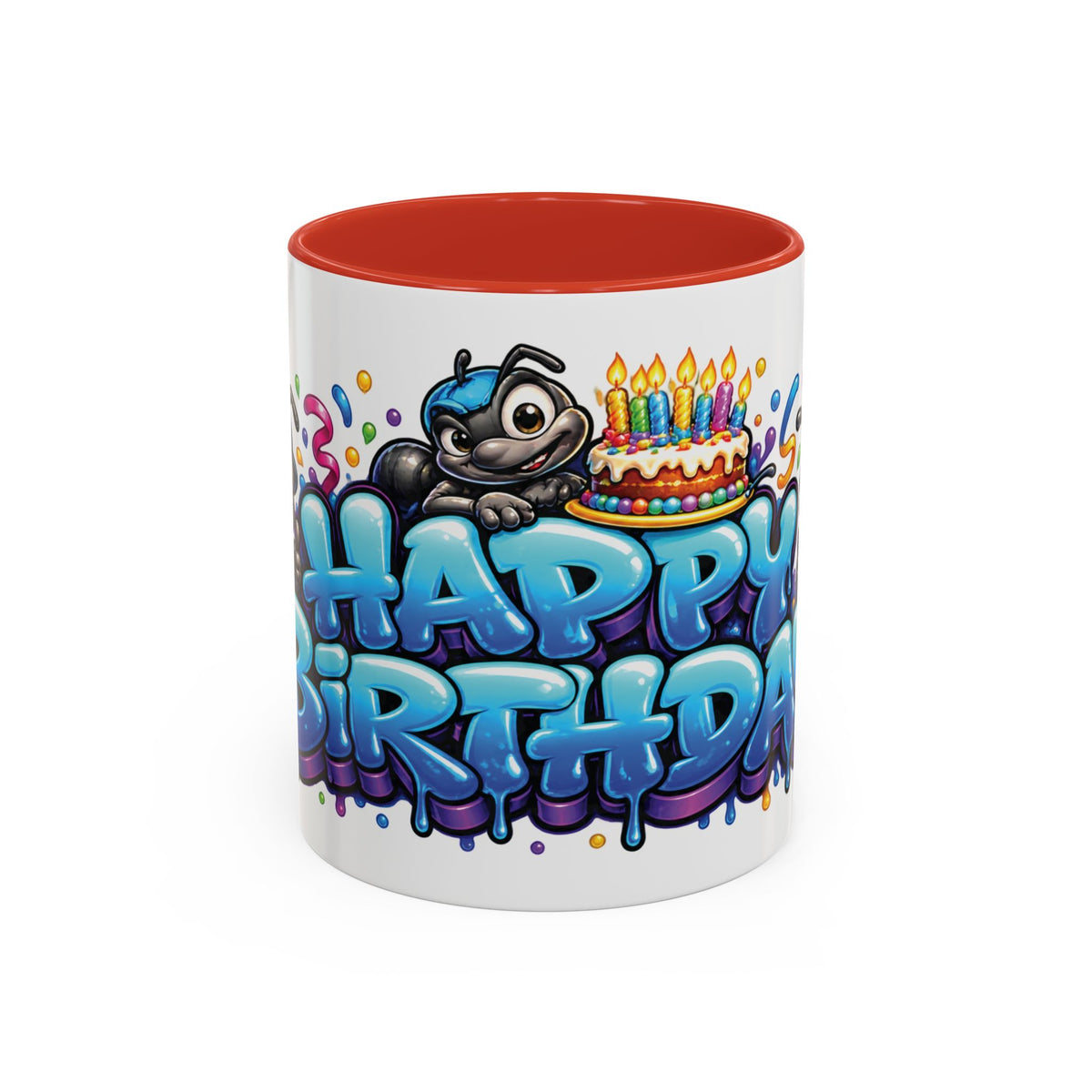 Happy Birthday Cartoon Mug – Graffiti Ants, Birthday Cake, Balloons & Confetti Coffee Cup
