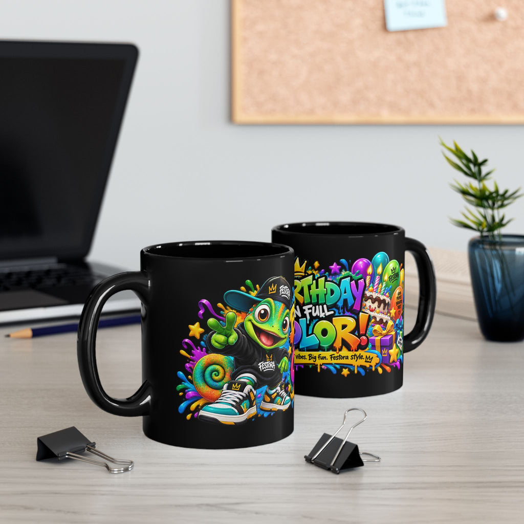 Birthday in Full Color Black Mug – Festora Chameleon Birthday Cup