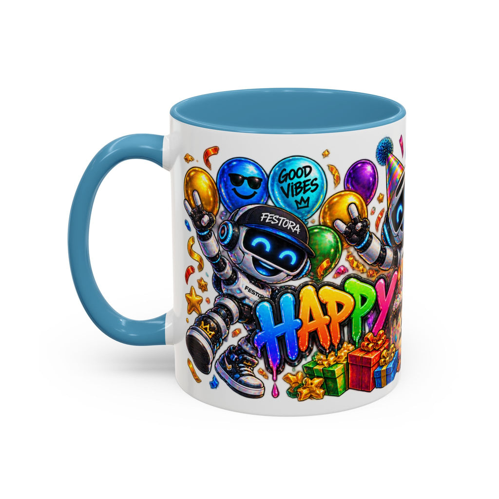 Birthday Robot Coffee Mug — Colorful Happy Birthday Accent Mug (11oz)