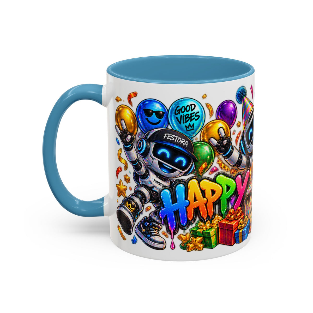 Birthday Robot Coffee Mug — Colorful Happy Birthday Accent Mug (11oz)