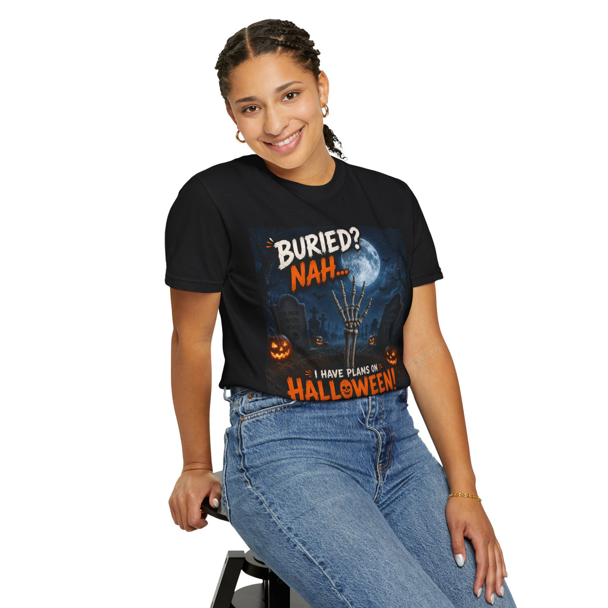 Halloween T-Shirt — "Buried? Nah... I Have Plans on Halloween!" Spooky Graveyard Tee