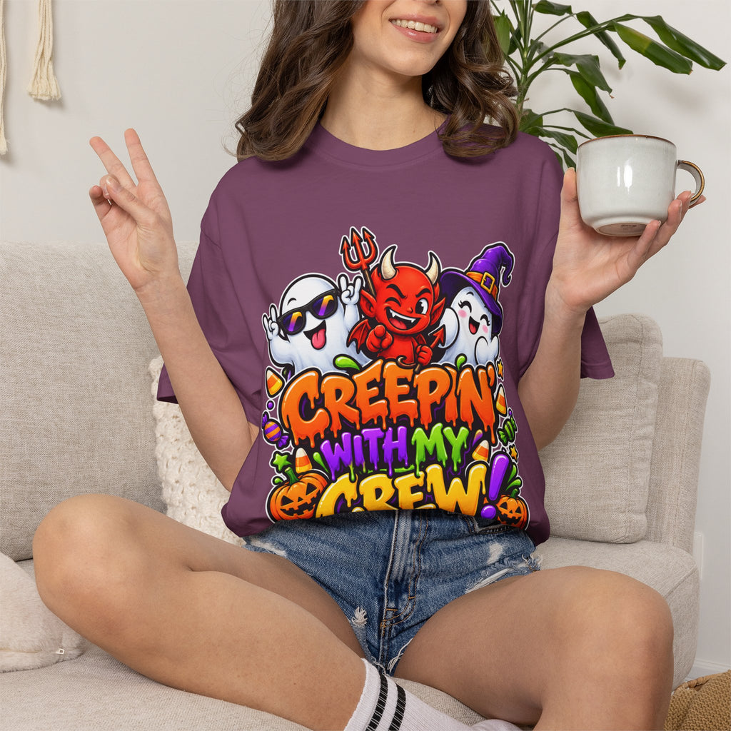 Creepin’ With My Crew Halloween T-Shirt – Colorful Funny Ghost & Devil Graphic Tee