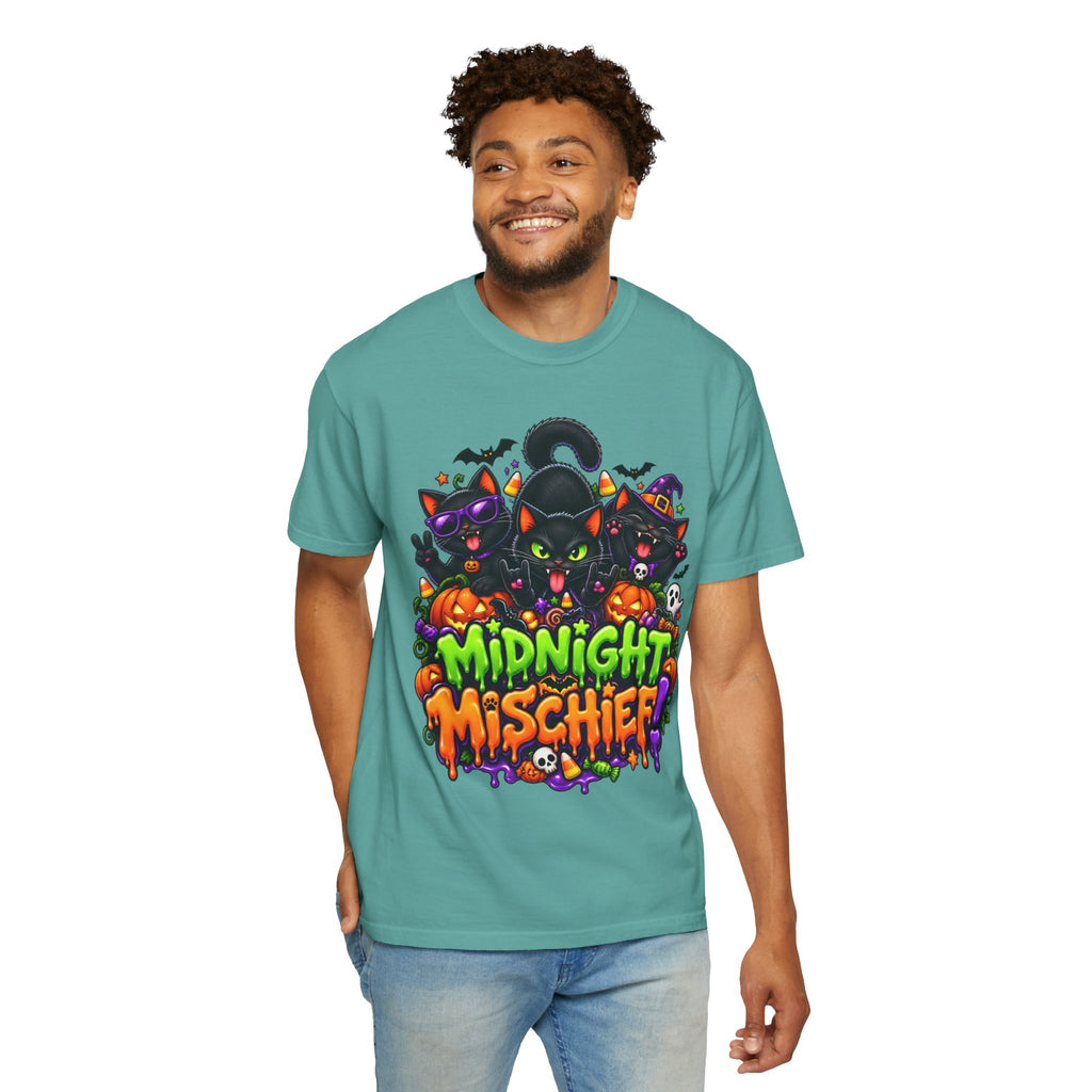 Midnight Mischief Halloween T-Shirt – Funny Black Cat Graphic Tee