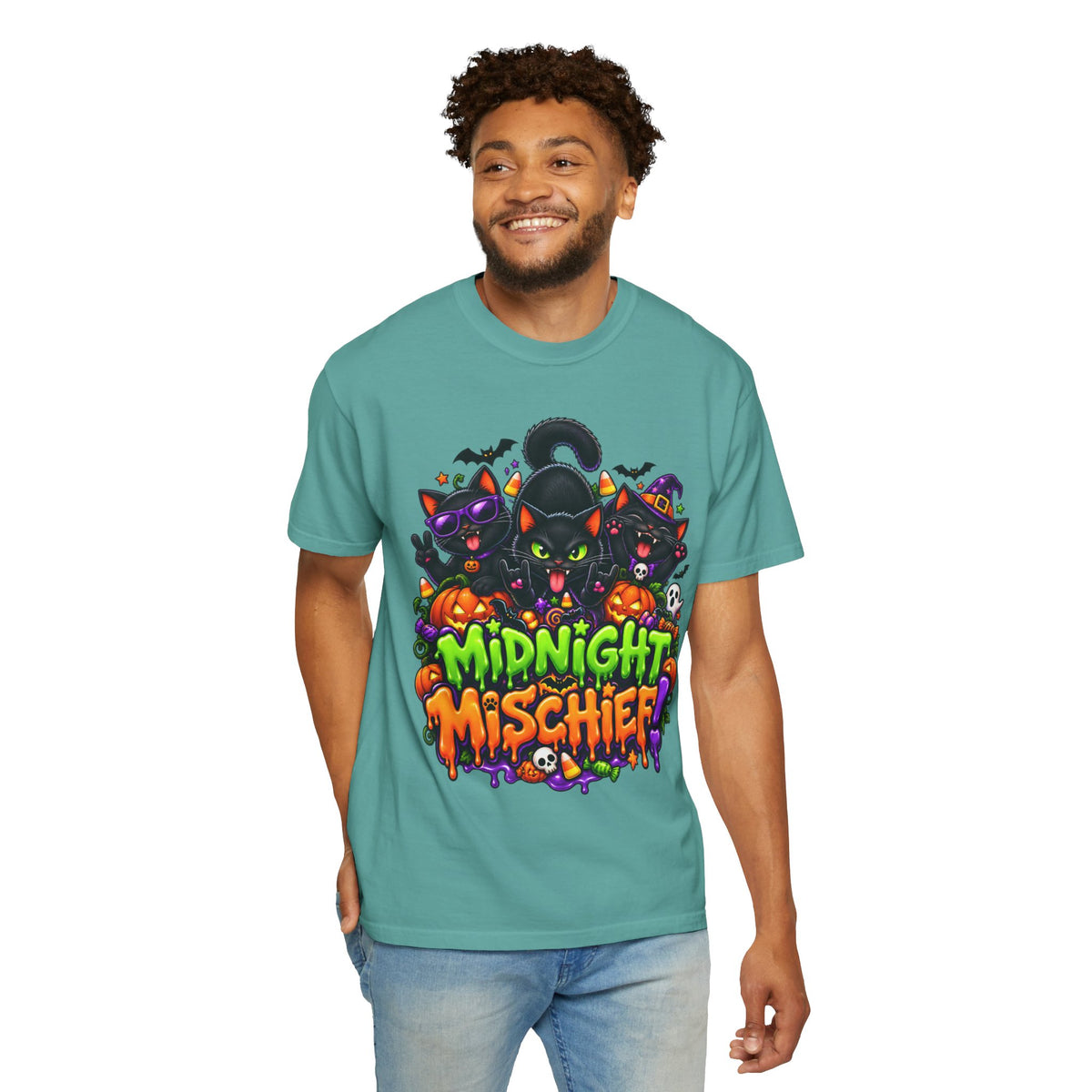 Midnight Mischief Halloween T-Shirt – Funny Black Cat Graphic Tee
