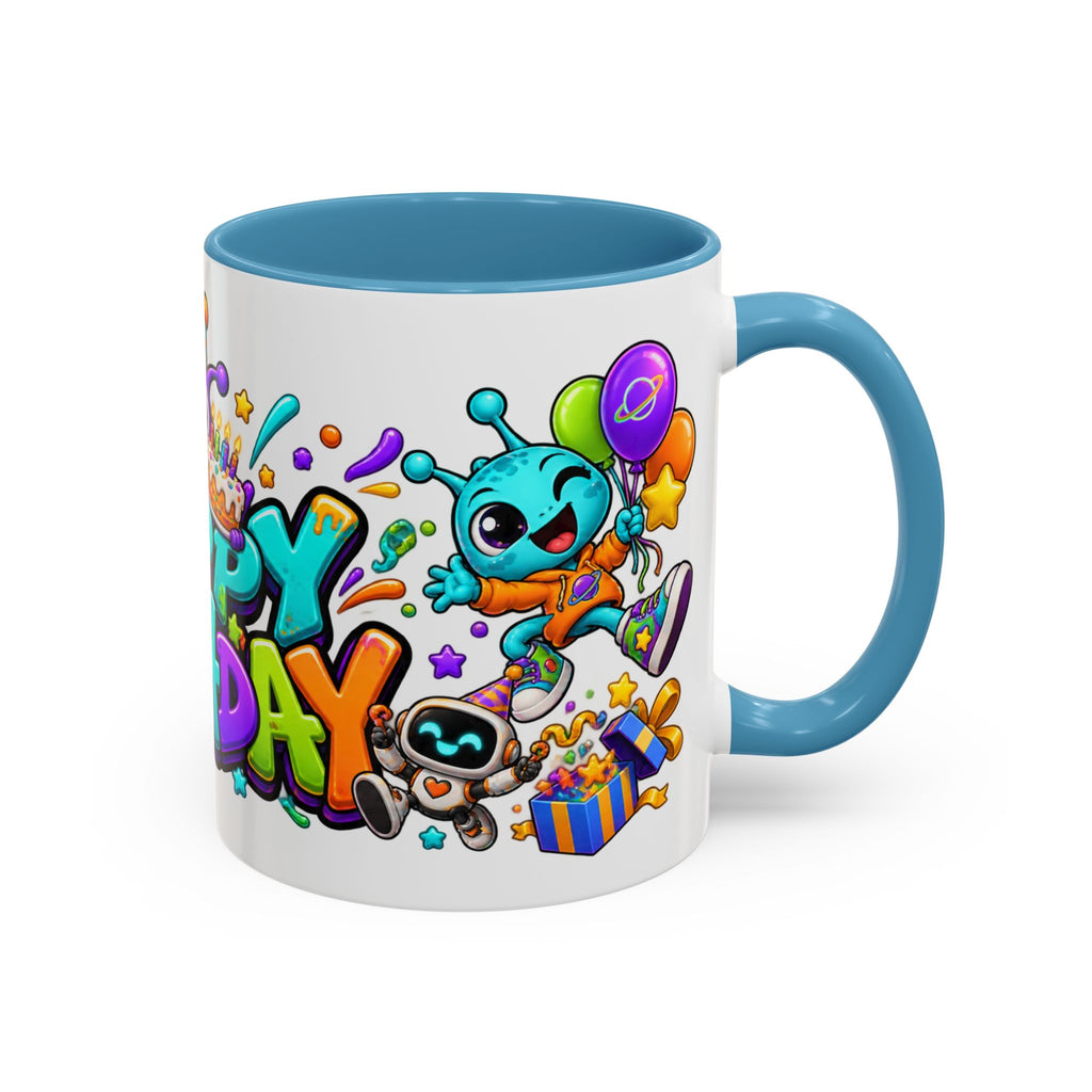 Happy Birthday Alien Mug – Colorful Space Party Cup with Cute Aliens & Robots