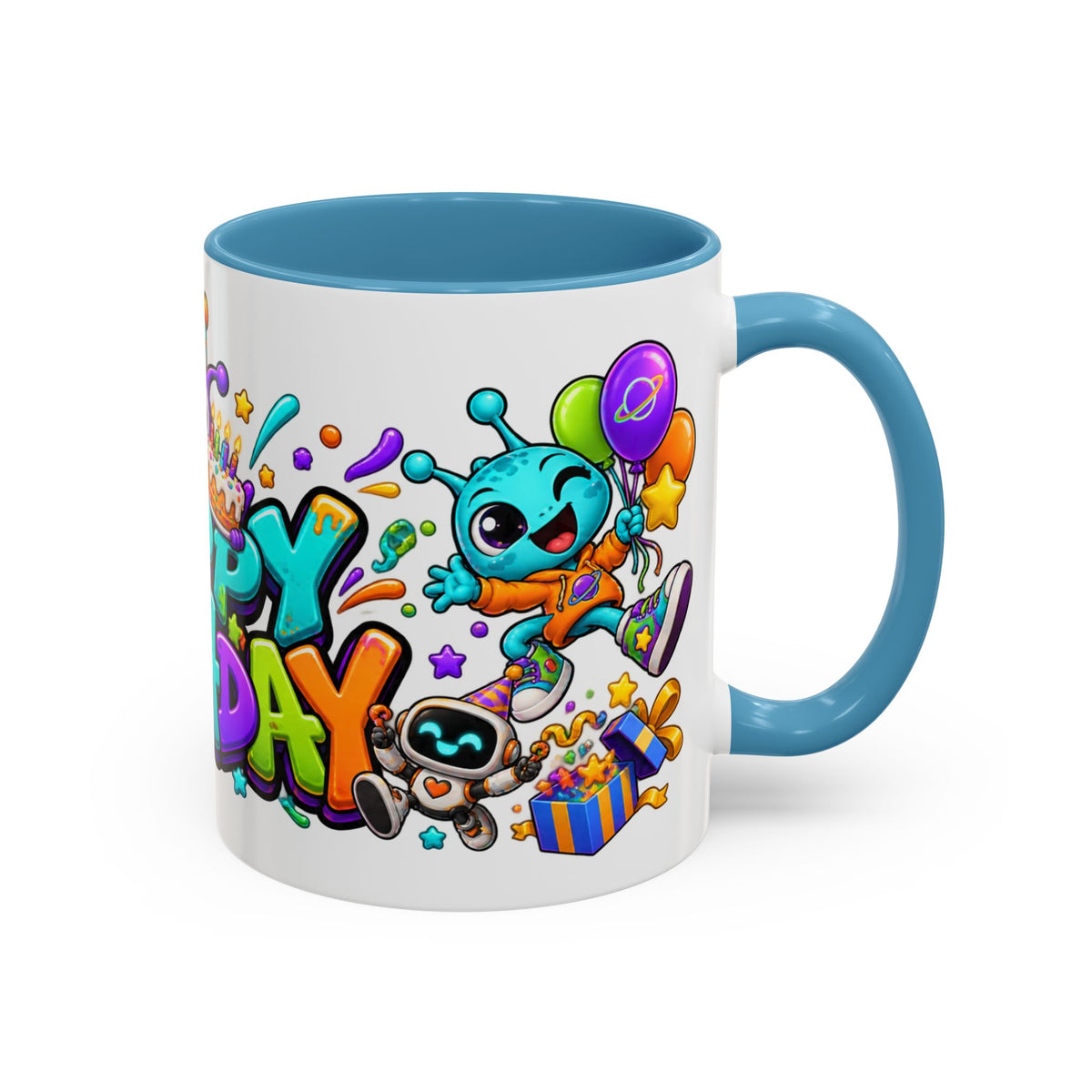 Happy Birthday Alien Mug – Colorful Space Party Cup with Cute Aliens & Robots