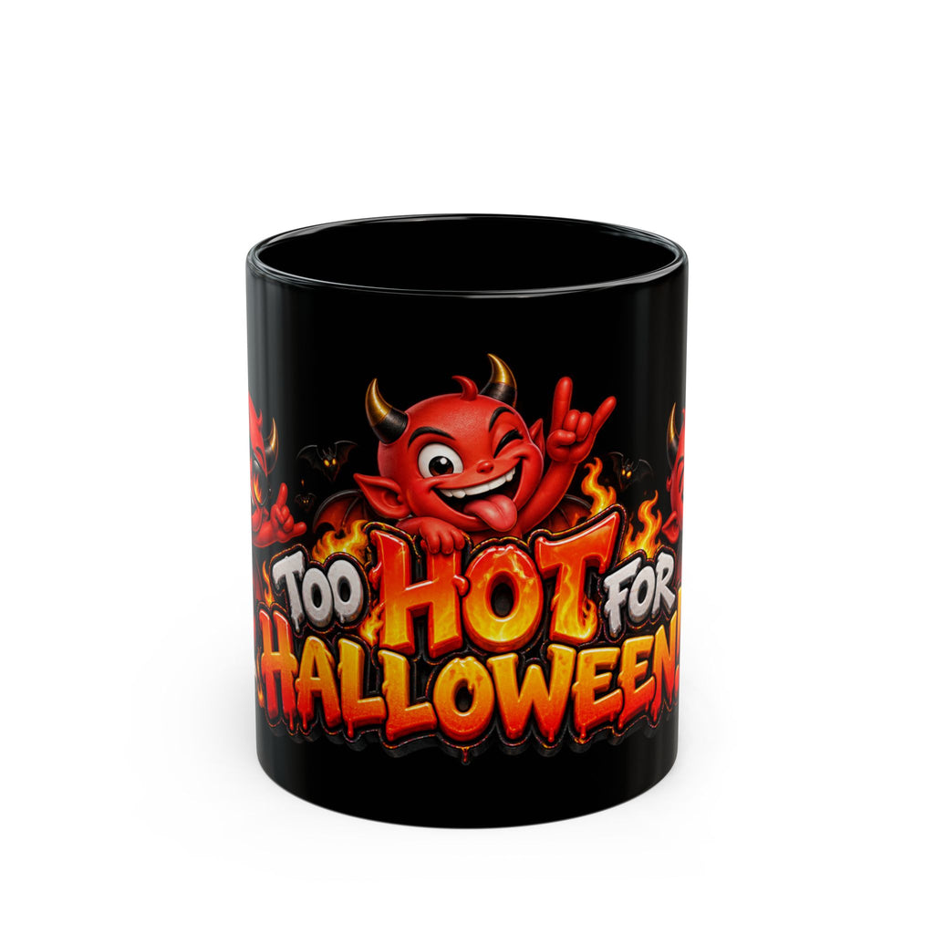 Too Hot for Halloween Black Mug – Funny Devils, Flames & Spooky Design