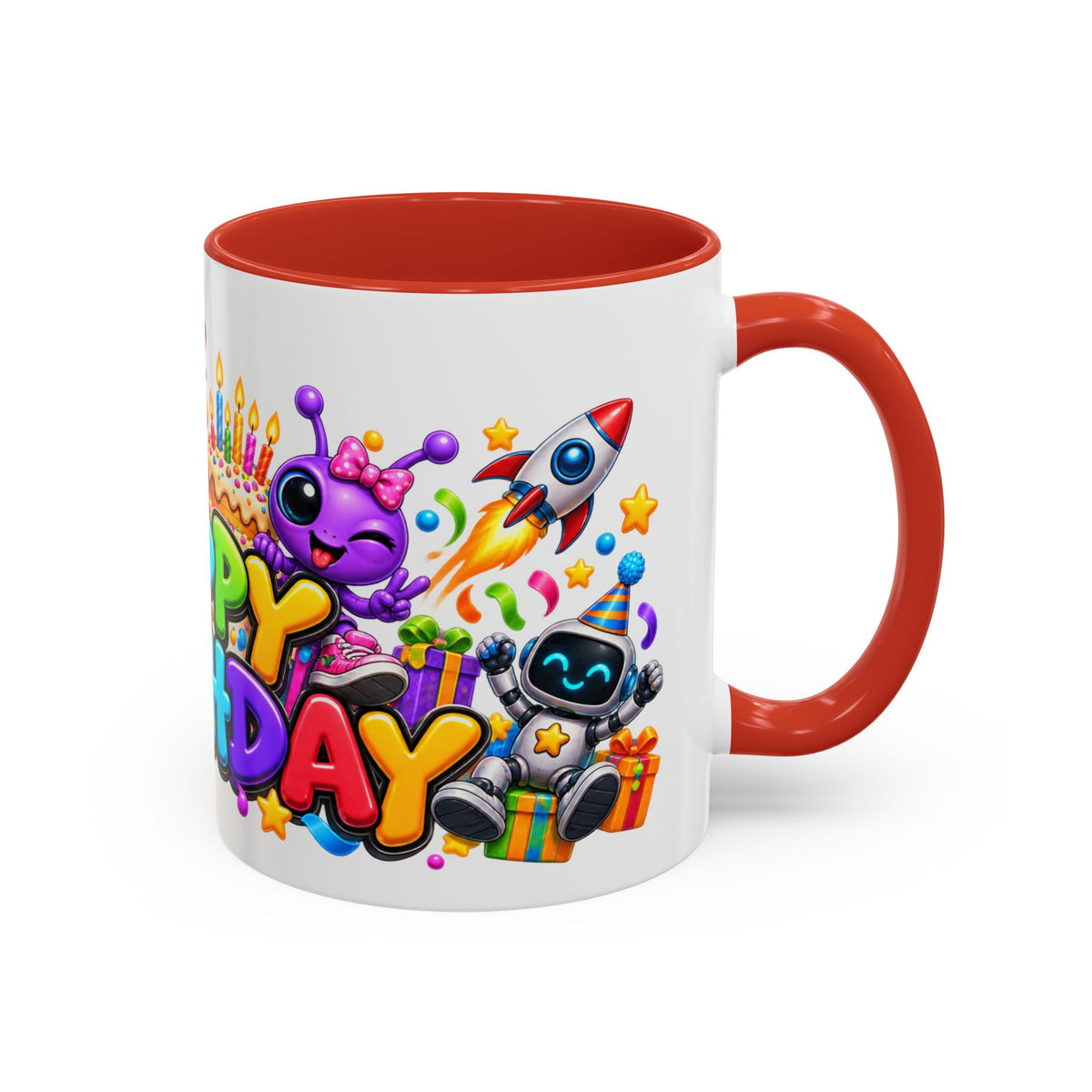 Happy Birthday Space Party Mug – Cute Aliens, Robots, UFO & Colorful 3D Birthday Design