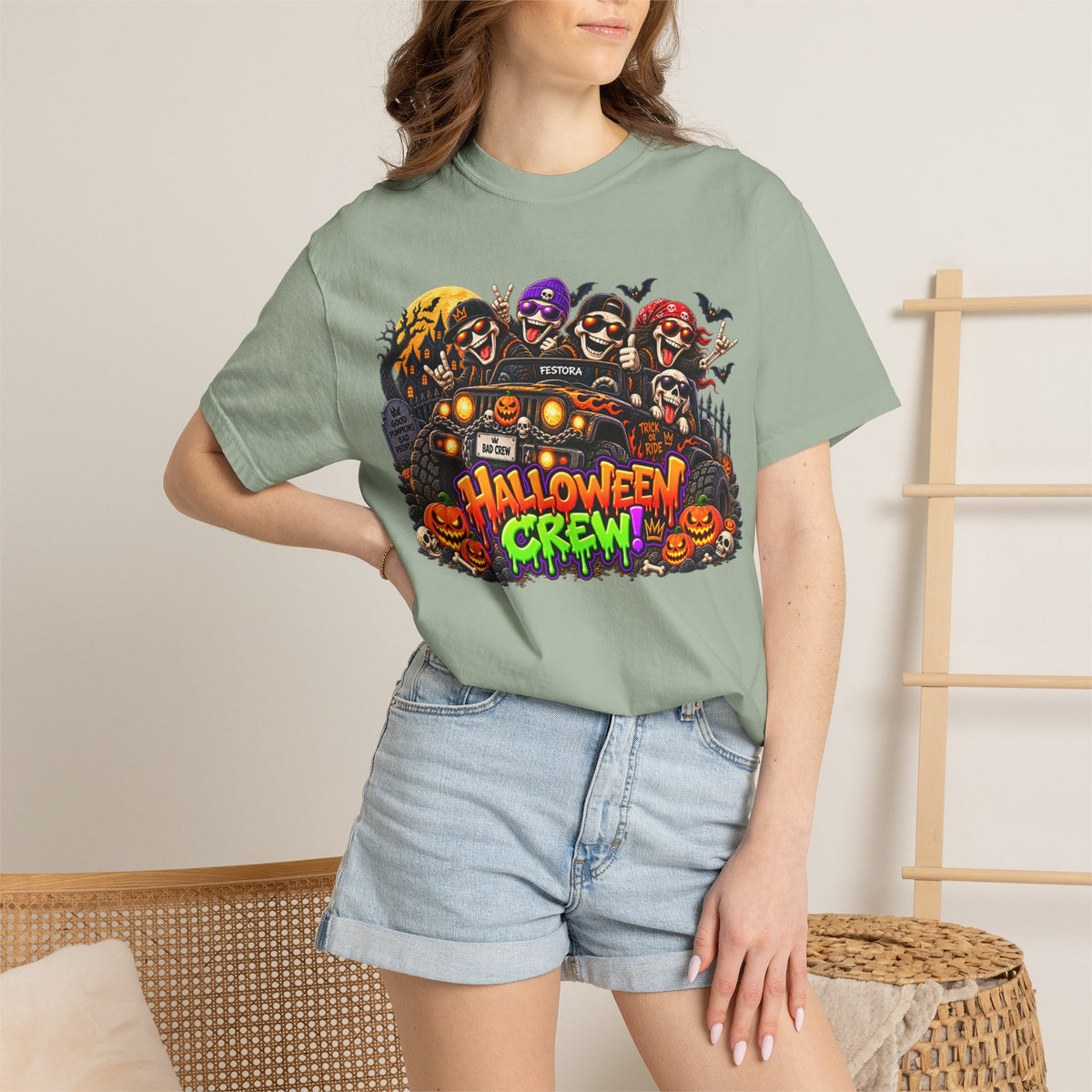 Halloween Crew T-Shirt – Skeleton Jeep Spooky Graphic Tee