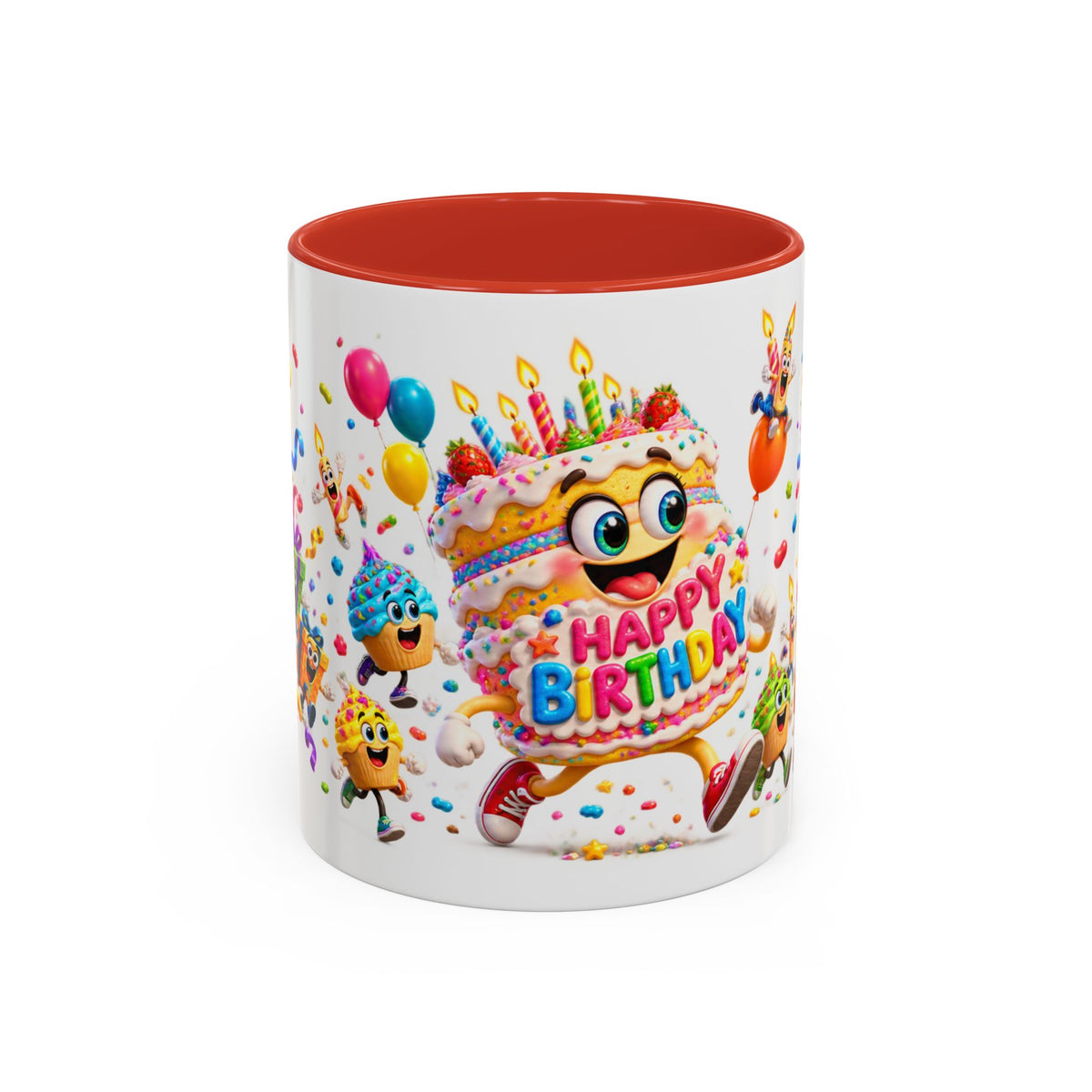 Birthday Party Coffee Mug – Colorful Happy Birthday Cake & Balloon Design (11/15oz Accent Mug)