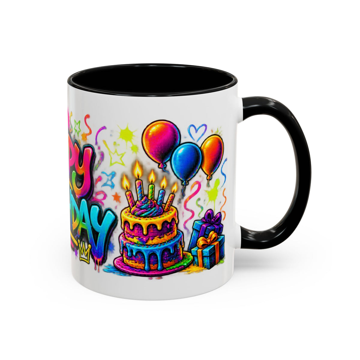 Happy Birthday Accent Coffee Mug – Colorful Graffiti Cake & Balloons (11/15oz)
