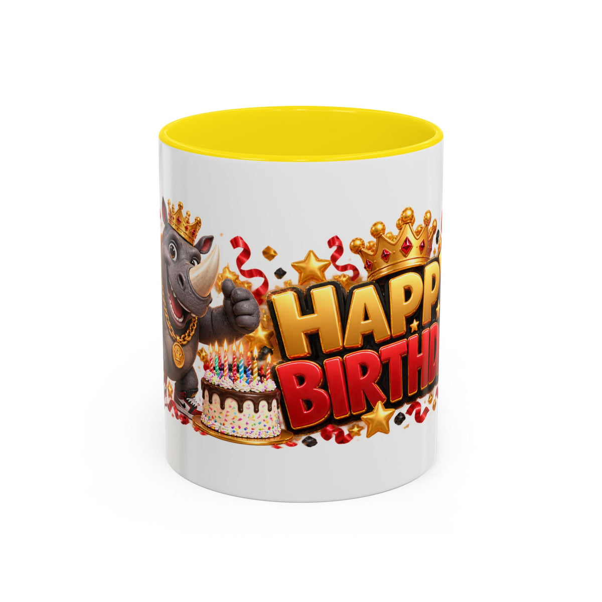 Happy Birthday Rhino Mug – Colorful 3D Birthday Gift – White Coffee Mug