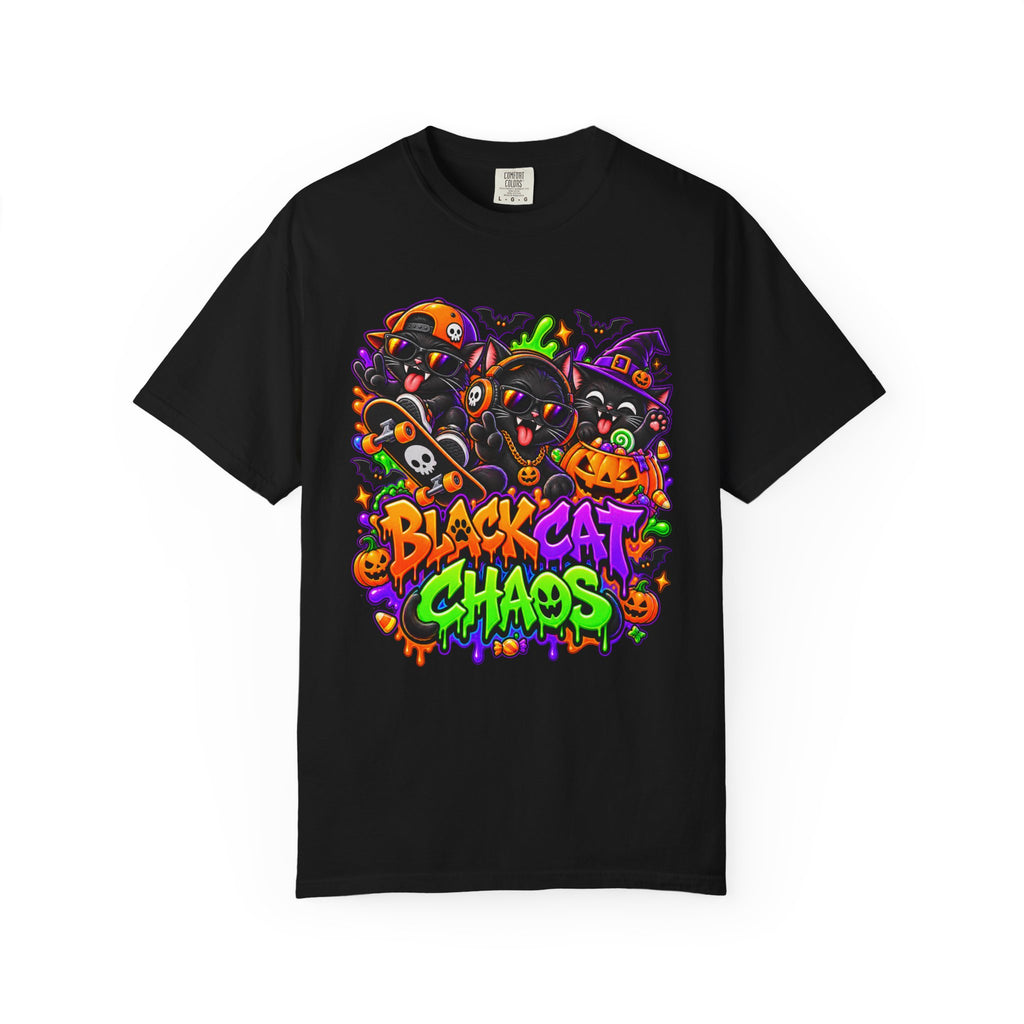 Neon Black Cat Halloween Chaos T-Shirt | Cute Spooky Cat Graphic Tee