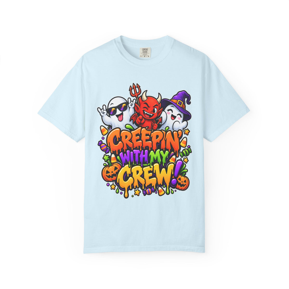 Creepin’ With My Crew Halloween T-Shirt – Colorful Funny Ghost & Devil Graphic Tee