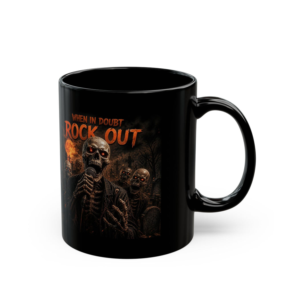 Rock Out Skull Mug — 'When in Doubt Rock Out' Gothic Cemetery Coffee Cup (11oz/15oz)
