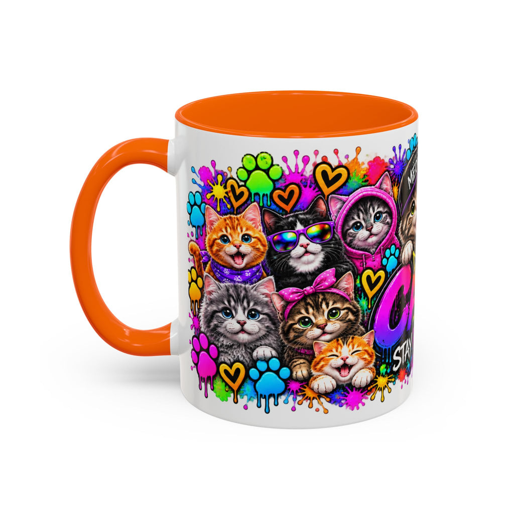 Cats Stay Pawsitive Accent Coffee Mug – Colorful Cute Cat Paw Print Design (11oz)